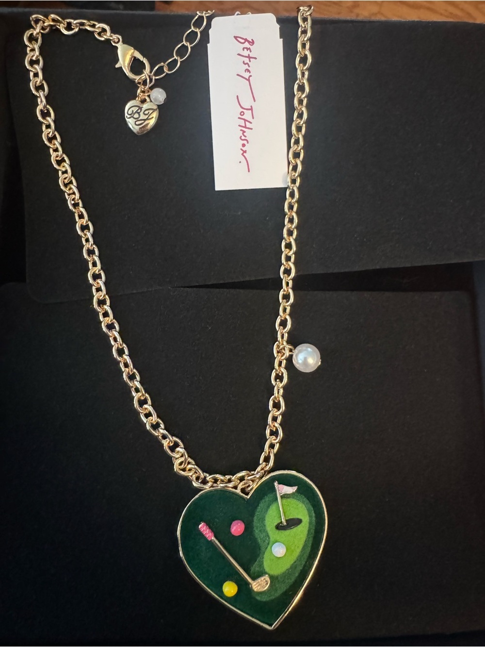 NWT Betsey Johnson Gold-Tone Green Heart Golf Pendant Necklace